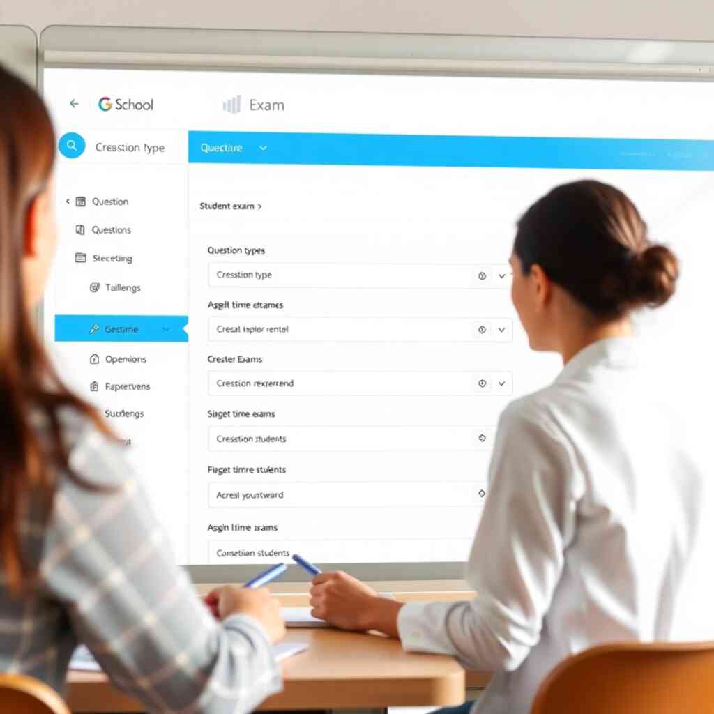 A photorealistic image depicting an interface where a teacher is easily creating an exam using the G-School platform.  The interface should be intuitive, showing options for creating question types, setting time limits, and assigning exams to students.  The style should be user-friendly and efficient.  The lighting should be clear and well-distributed to ensure optimal readability. The resolution should be 4K.