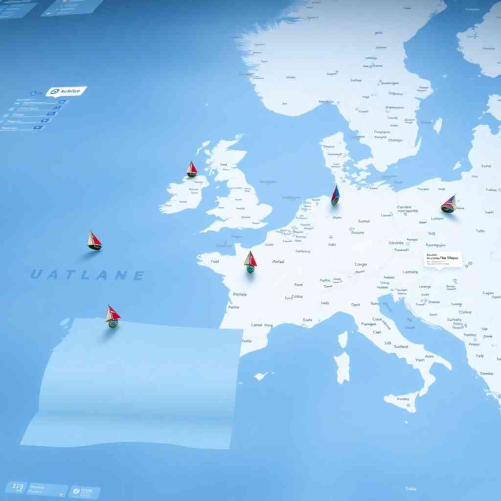 A photorealistic image of a large map with moving icons representing sailors, overlaid with a user interface displaying real-time data. This should be a clean, modern design. The image should be high resolution, with a focus on clarity and precision. The lighting should be subtle and non-distracting.