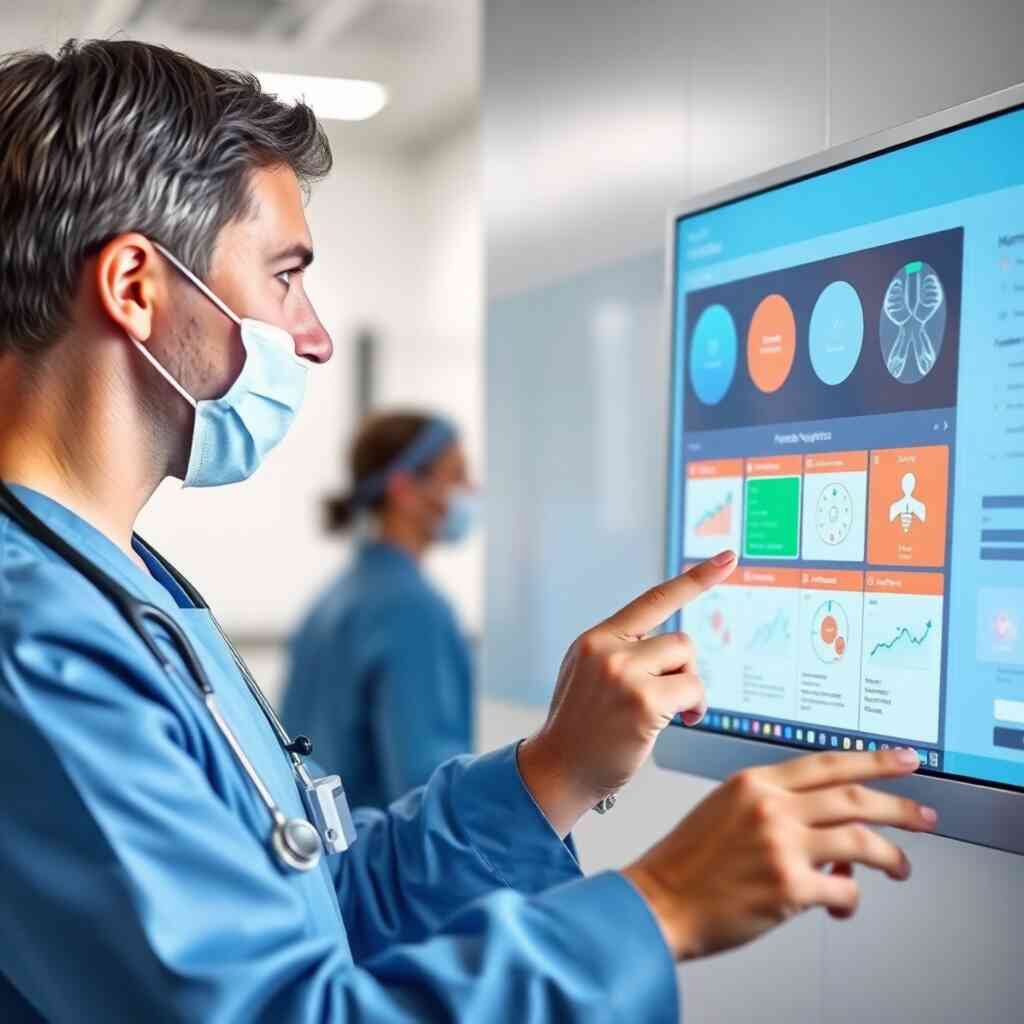 A photorealistic image of a staff member effortlessly navigating the G-Hospital module's interface.  The interface should be clean and modern, with clear visual cues. The image should convey ease of use and an intuitive user experience. Use a bright, professional color palette.
