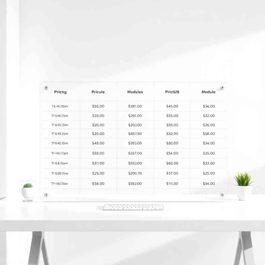 A photorealistic image of a transparent pricing table with 12 clearly labeled modules and their prices, displayed on a modern, minimalist desk. The scene is brightly lit, creating a sense of openness and honesty. The overall style should be professional and trustworthy. The image should be clean and well-organized, with a focus on clarity and simplicity. The color scheme should be calming and professional, conveying professionalism and trustworthiness.