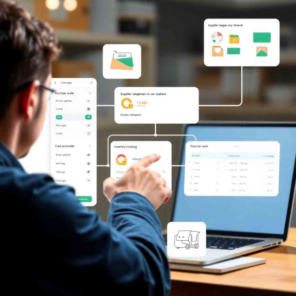 A photorealistic image of a user interacting with an interface showing a simplified purchasing workflow, with elements showing purchase orders, supplier management, and inventory tracking. A clean, modern design with a user-friendly interface is key. The style should reflect simplicity, clarity, and efficiency in purchase management.