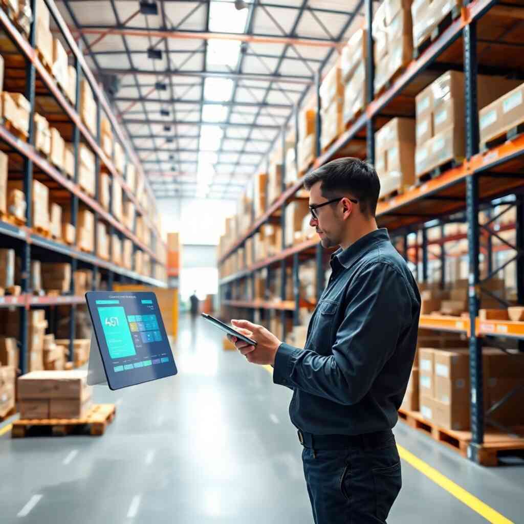 A photorealistic image of a warehouse scene with modern technology, showcasing efficient inventory management.  The image should depict a clean and organized environment, with high-tech tools used to track inventory levels. The color palette should be bright and professional.  The overall mood should feel modern and efficient, reflecting effective inventory management.