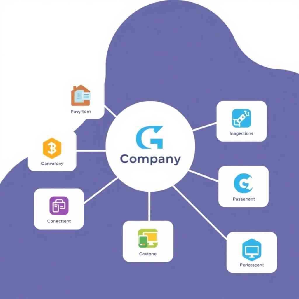 A stylized illustration showing different software applications connecting effortlessly to the G-Company platform.  The style should be modern and visually appealing. Use connecting lines to show the integration, and color-coded boxes to represent each application.