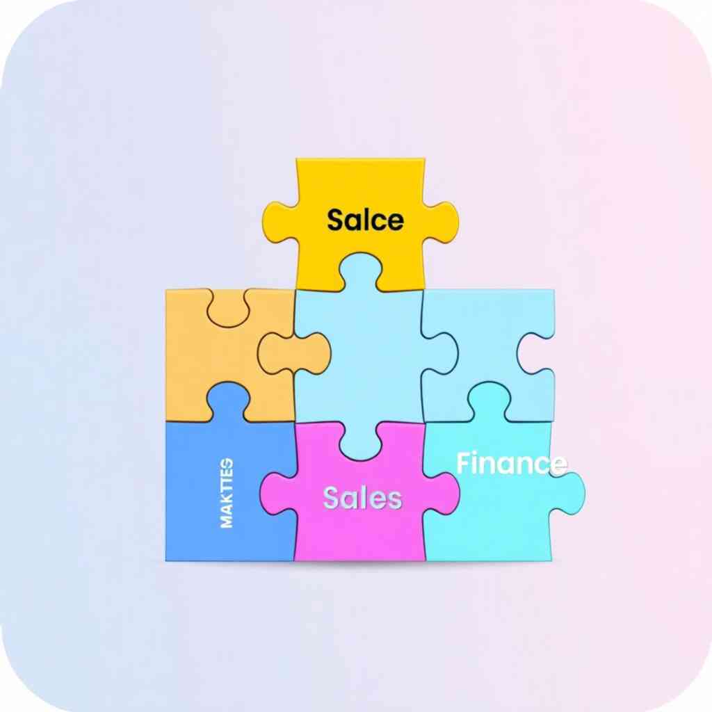 A stylized illustration showing a puzzle with individual pieces representing different business functions (sales, marketing, finance).  Each piece is clearly labeled and fits together seamlessly to create a complete image. The style is clean, minimal, and emphasizes the modularity of the solution.  Use a vibrant, yet professional color palette.