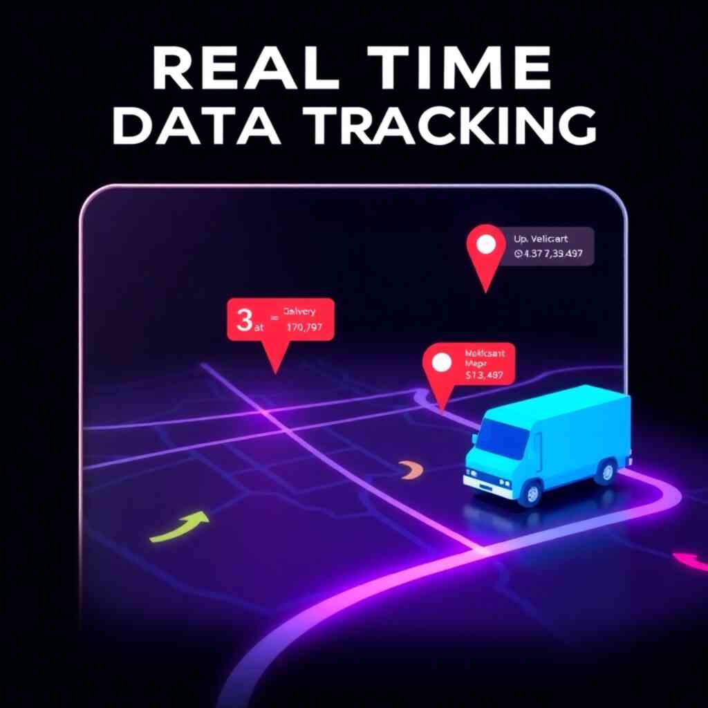 A stylized image illustrating real-time data tracking, perhaps with a map displaying the location of vehicles and delivery statuses. The style should be sleek and modern, using vibrant colors and dynamic animations to effectively convey the real-time data flow. The lighting should be sharp and vivid, highlighting the dynamic nature of the data.
