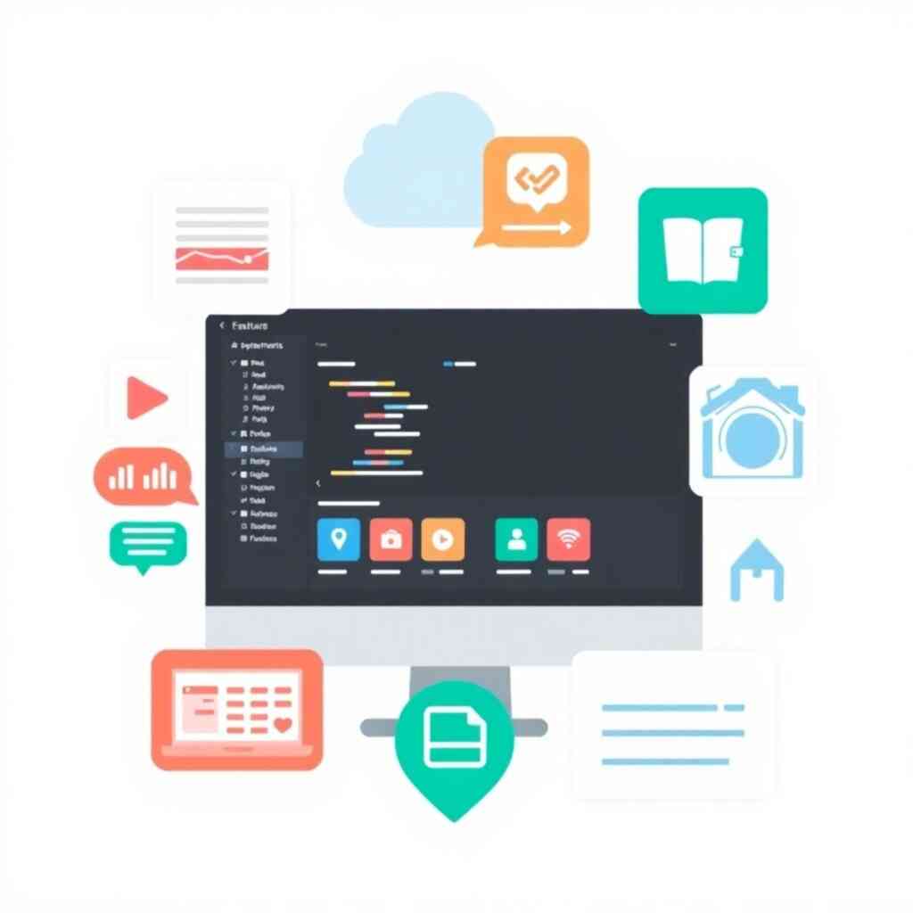 A stylized image using icons and graphics to represent the wide range of features and functions offered within the software, highlighting their power and versatility. The image should use a clear layout and visually convey functionality.