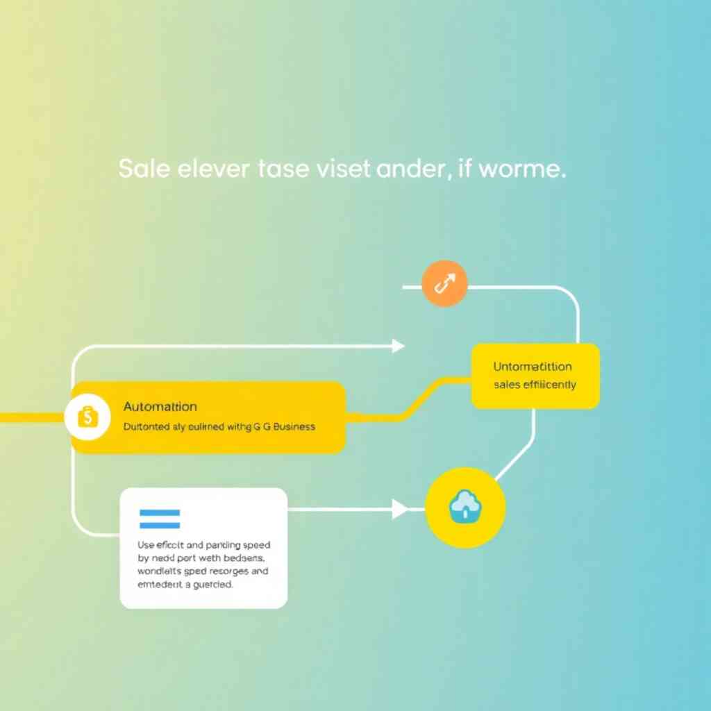 A stylized motion graphic showing a simplified sales workflow, with automated steps highlighted, showcasing the efficiency gained by using G-Business. Use clean lines, bright colors and a dynamic style to convey speed and efficiency. The style should be modern and futuristic, emphasizing automation and efficiency.