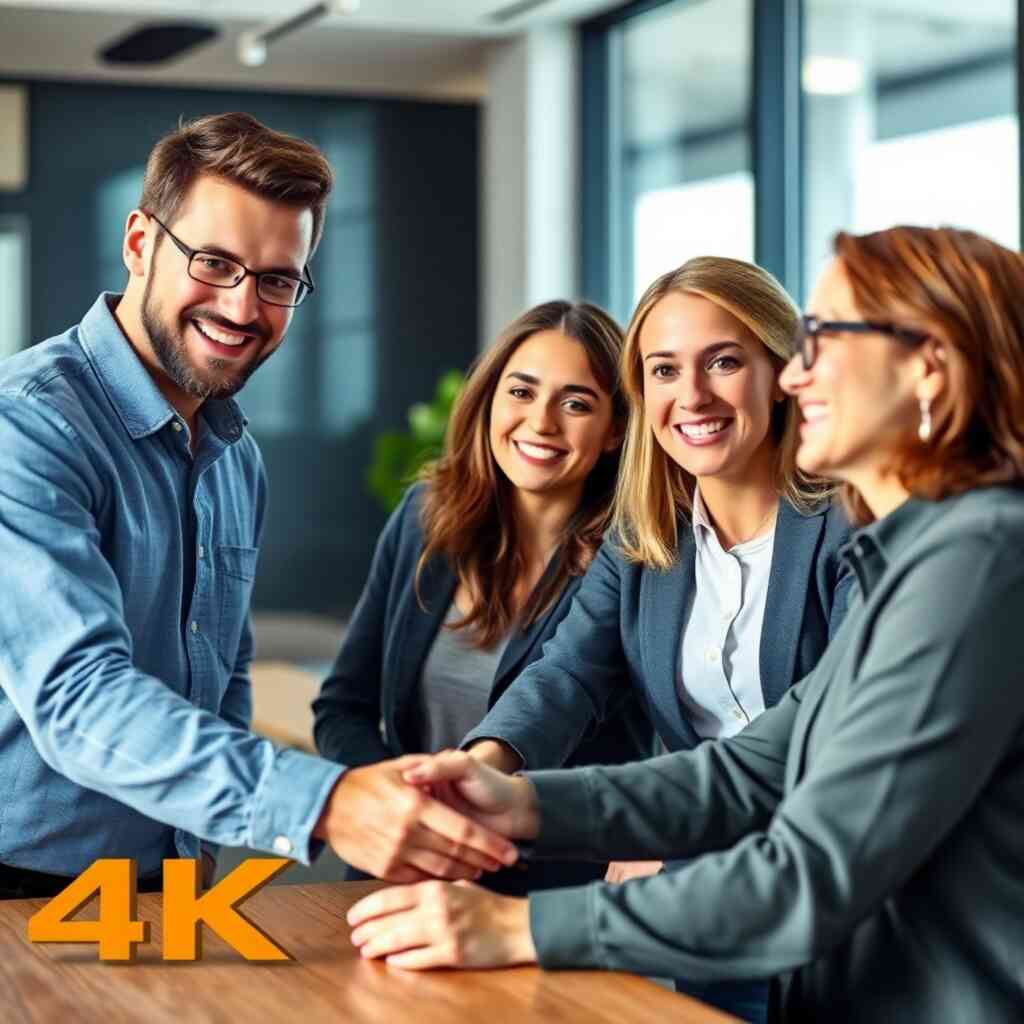 Generate a photorealistic 4K image of a friendly team assisting a client, conveying support and professionalism. The setting should be modern and inviting.