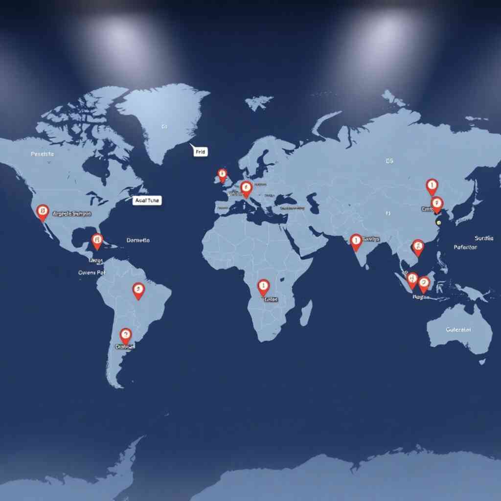 Photorealistic image of a large digital map displaying real-time shipment locations via GPS tracking. The map should show various delivery points around the world, and data points should be clearly displayed in a user-friendly interface. The style should be modern and functional, with a focus on clear communication of shipment data.