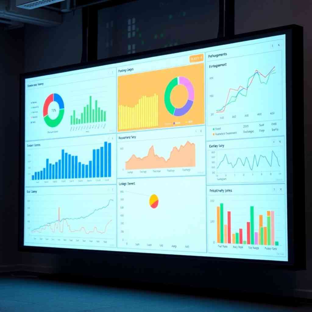 Photorealistic image of a large screen displaying data visualizations, such as charts and graphs, generated by the G-Crewing module. Emphasize the clarity and ease of data interpretation. Use a clean, professional style and a high resolution.