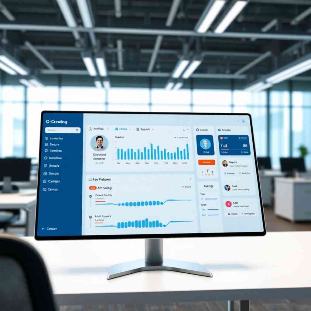 Photorealistic image showcasing the user-friendly dashboard of the G-Crewing module.  Show key features clearly, like sailor profiles, scheduling, and communication tools. The color palette should be clean and intuitive. The camera angle should be from a user's perspective, emphasizing ease of use. The scene should be set in a brightly-lit office environment. The resolution should be high, showing fine details of the interface. Style should be sleek and modern.