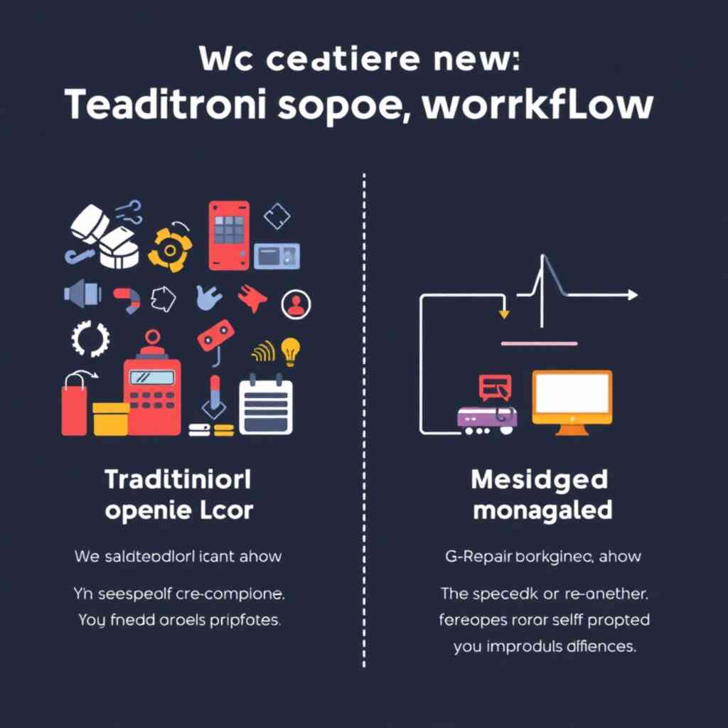 Stylized infographic showing a comparison between a traditional repair shop workflow (complex, messy) and a G-Repair-managed workflow (streamlined, efficient).  Use contrasting colors to illustrate the difference, emphasizing the improved speed and simplicity.